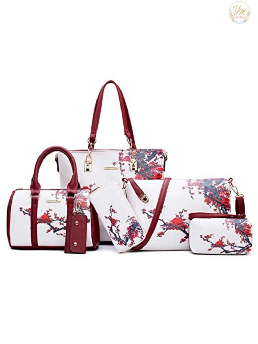 6pc Faux Leather Handbag Set Satchel Shoulder Tote Clutch Purse Key Holder
